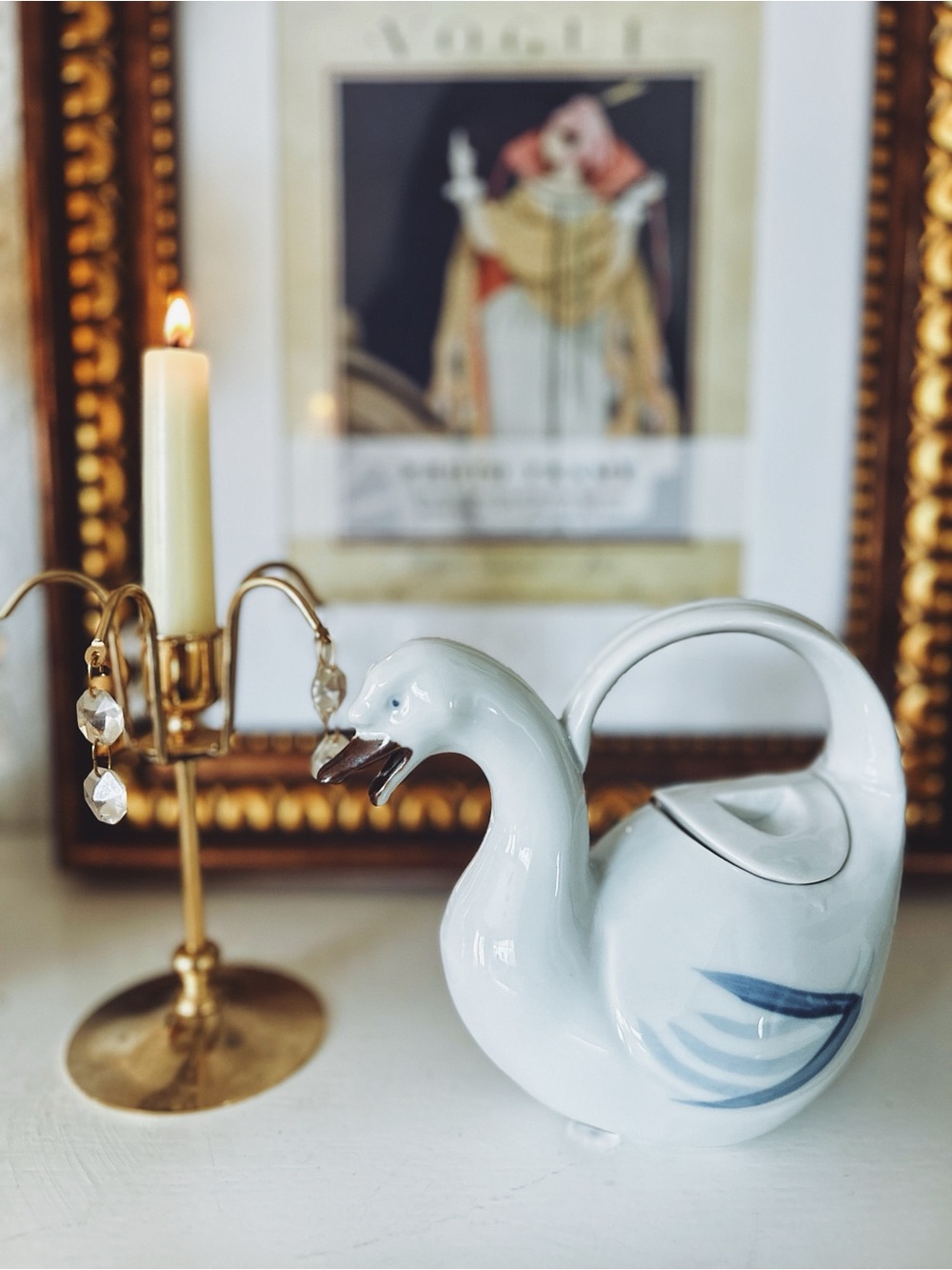 Vintage Takahashi Swan Teapot- White Ceramic With Blue Hand-Painted Details